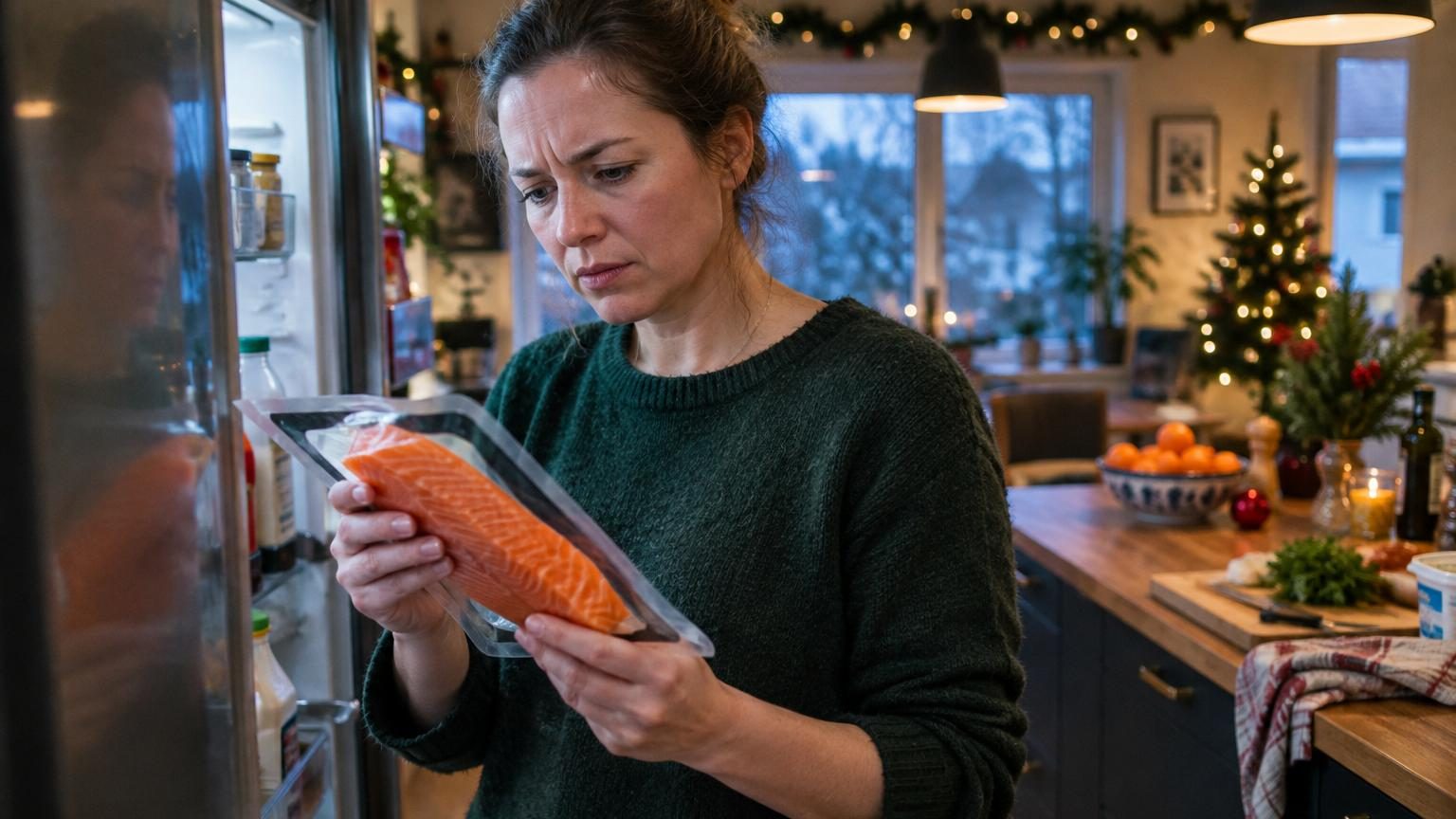 Barquettes de saumon fumé dans un rayon de supermarché avec étiquettes de prix et codes de traçabilité visibles.