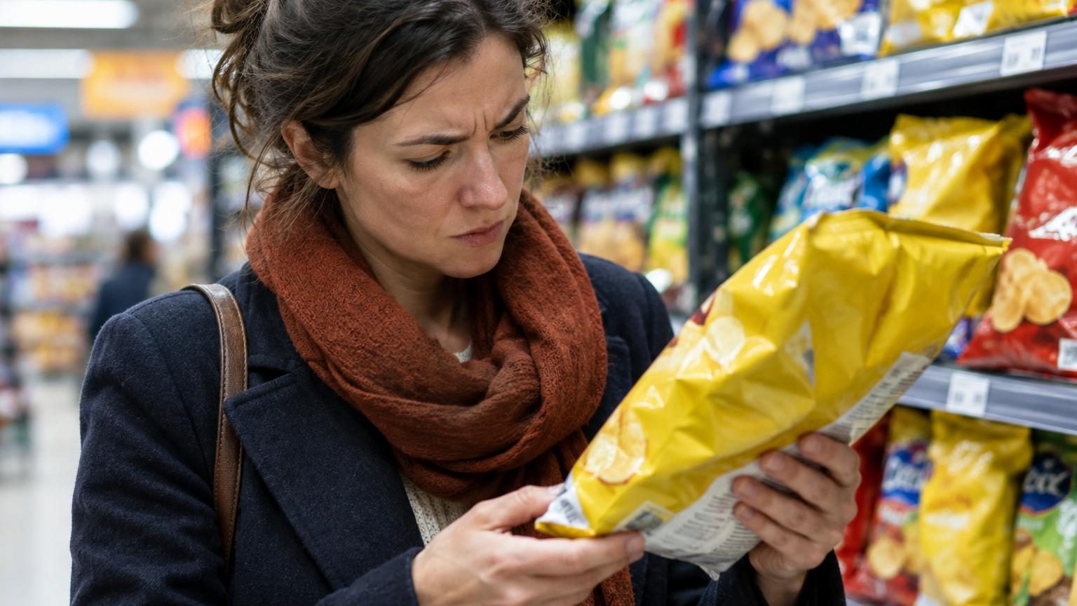Paquet de chips ouvert sur une table basse devant une télévision, illustrant le contexte quotidien d'un rappel produit alimentaire chez les consommateurs français