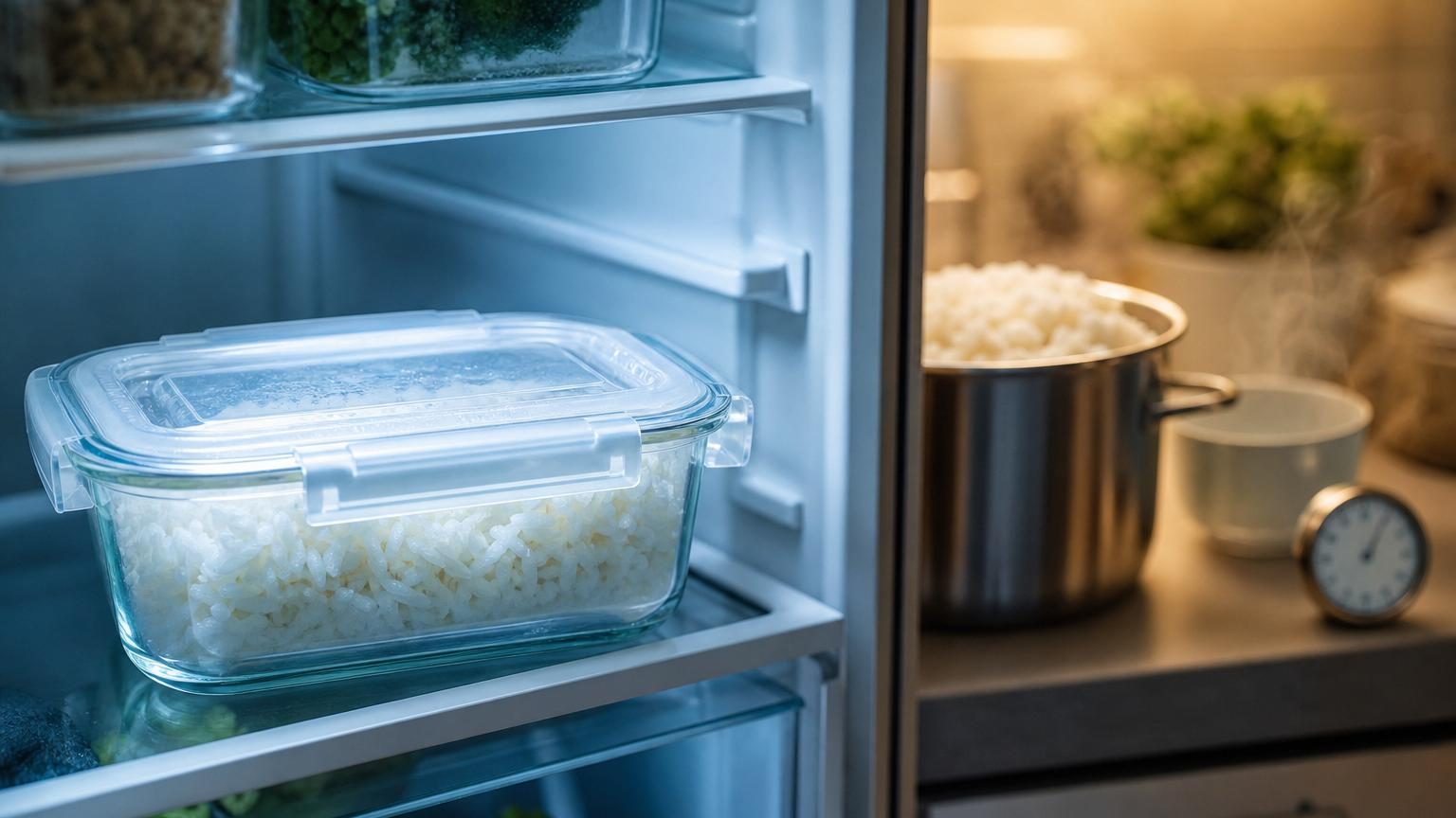 Casserole de riz blanc chaud sur un plan de travail de cuisine, vapeur s'en échappant, avec un contenant hermétique à proximité.