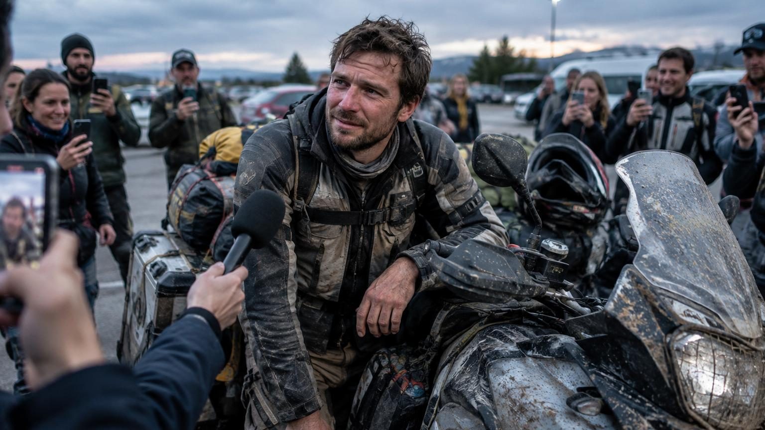 Motard épuisé appuyé sur le guidon dans un parking, entouré d'une foule filmant avec des smartphones après des semaines de route à peine interrompues par des micro-siestes.