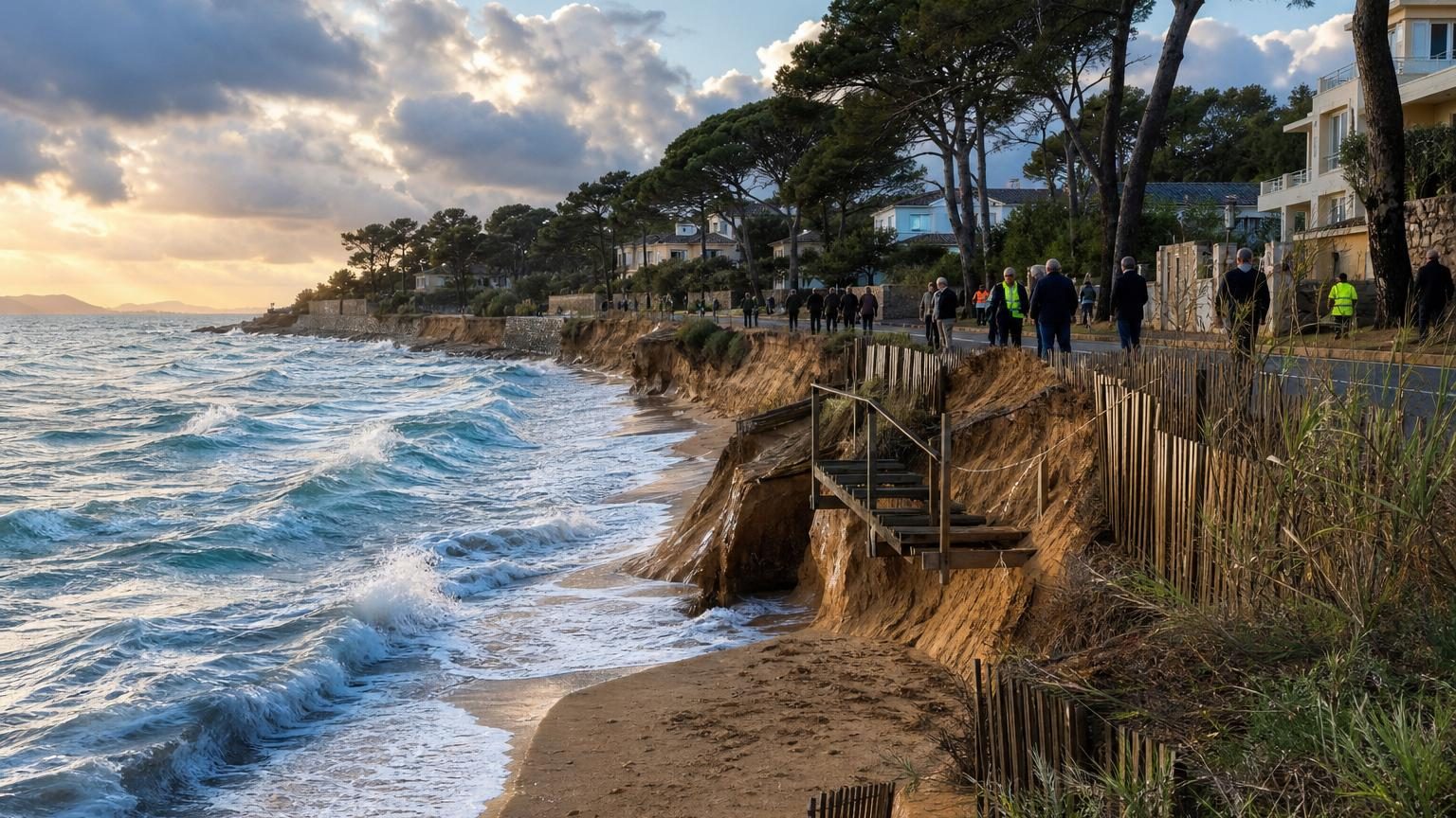 Plage littorale en Méditerranée avec pins, murets et escaliers progressivement menacés par l'avancée de l'érosion marine