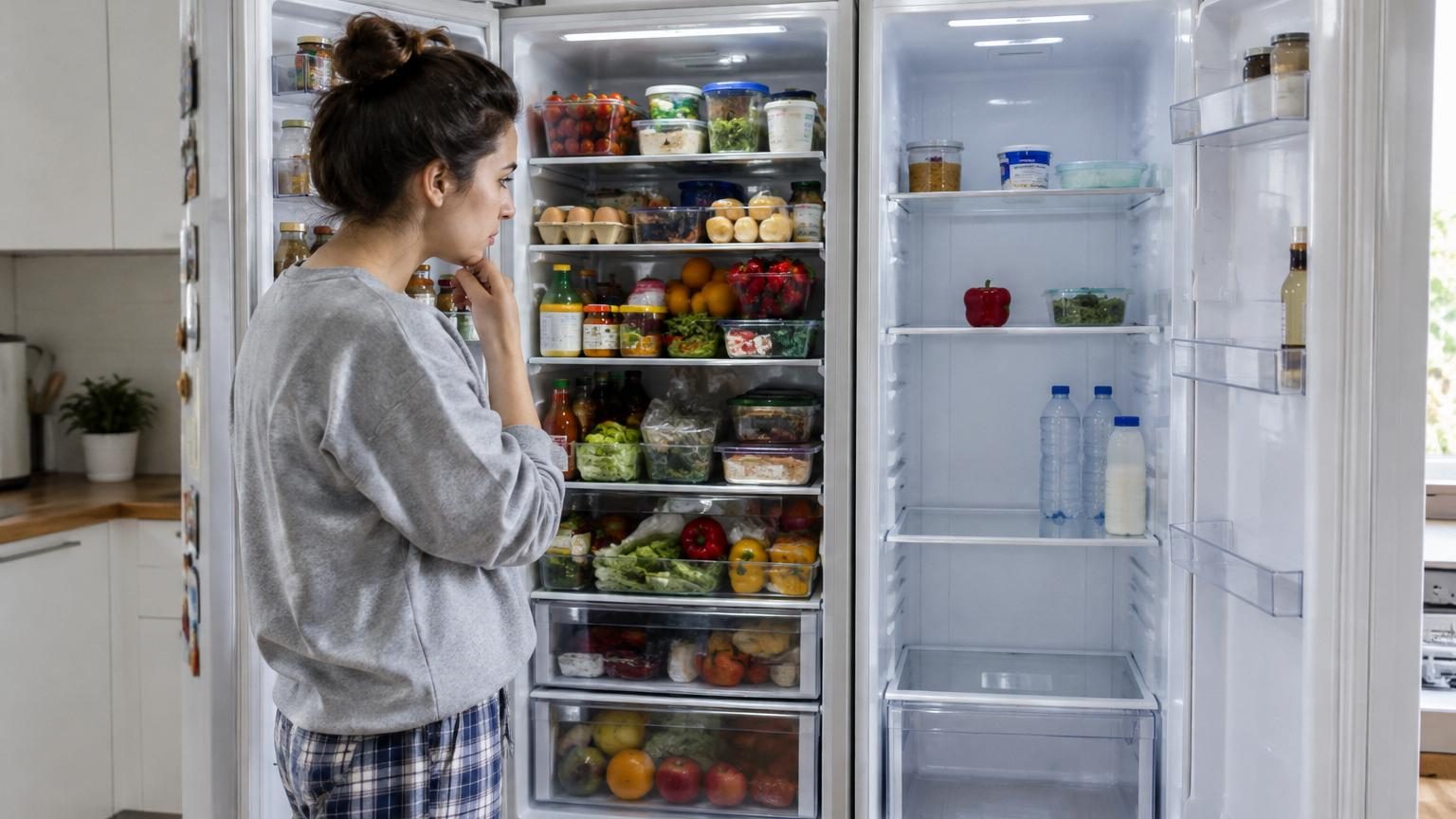 Vue de face d'un réfrigérateur ouvert, partiellement rempli d'aliments et de bouteilles, illustrant l'équilibre optimal entre plénitude et circulation d'air.