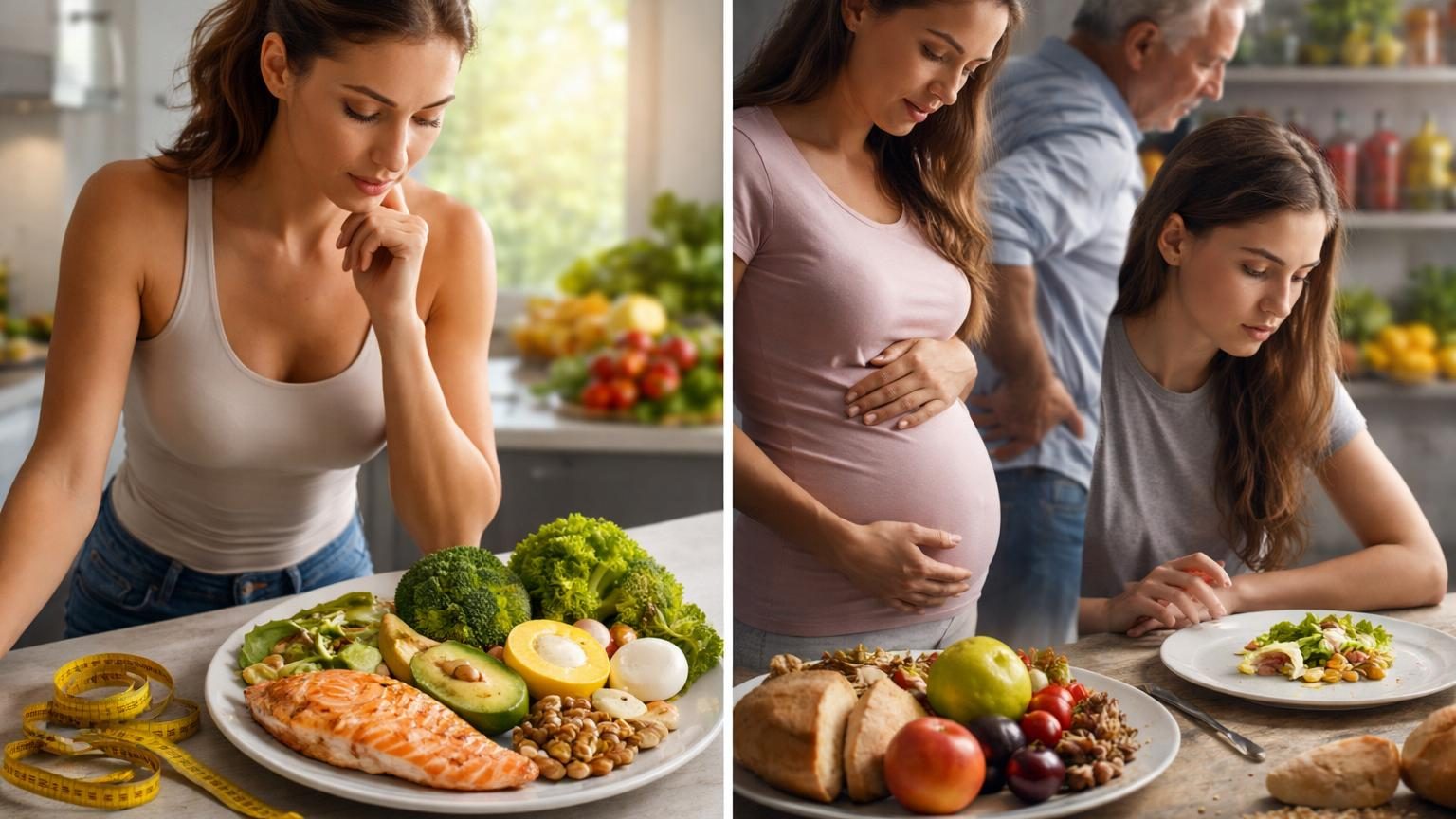 Assiette équilibrée contrastant aliments riches en glucides (pâtes, pain, fruits) et aliments protéinés (viande, œufs, fromage) pour illustrer le changement radical du contenu de l'assiette en régime low-carb.