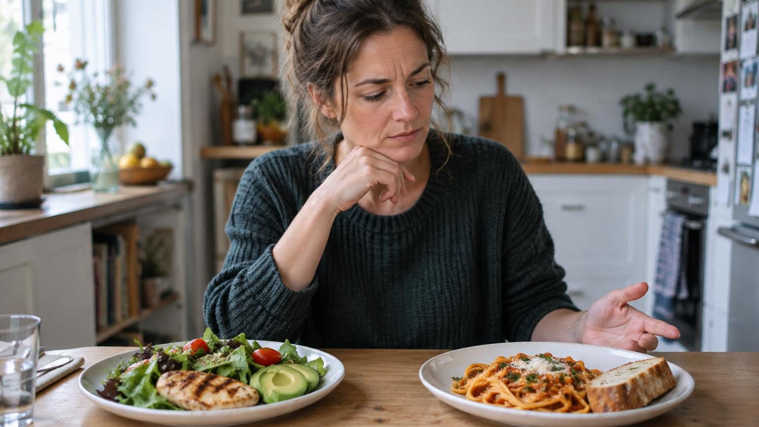 Illustration d'une assiette divisée montrant d'un côté des aliments riches en glucides (pain, pâtes, riz) et de l'autre des protéines (viande, œufs, poisson) pour visualiser l'échange alimentaire du régime low-carb.