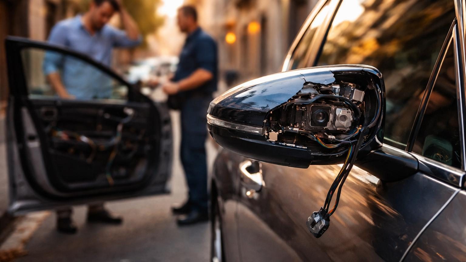 Gros plan sur un rétroviseur extérieur de voiture moderne intégrant capteurs et technologie, montrant sa complexité électronique contrastant avec la simplicité d'un ancien rétroviseur mécanique.