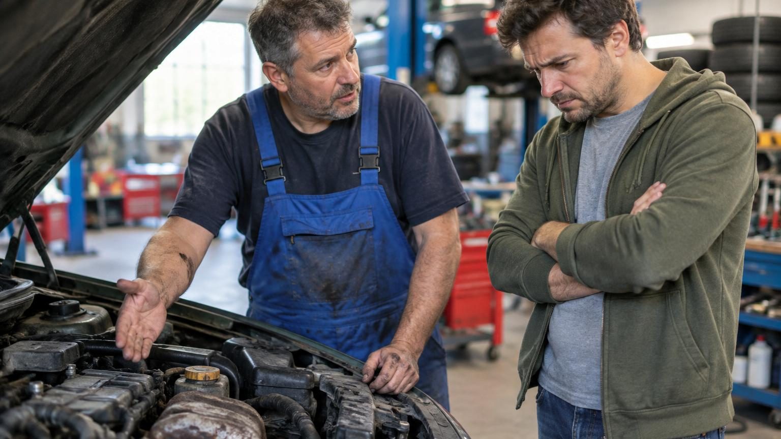 Mécanicien en blouse inspectant le moteur d'une voiture soulevée dans un atelier automobile, tenant un outil de diagnostic.