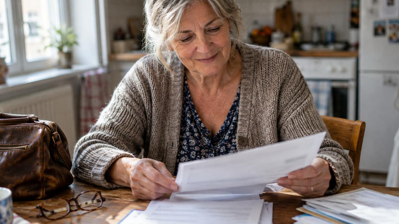 Femme retraitée souriante examinant des documents de pension auprès d'une table, symbolisant la préparation et la gestion des droits à la retraite.