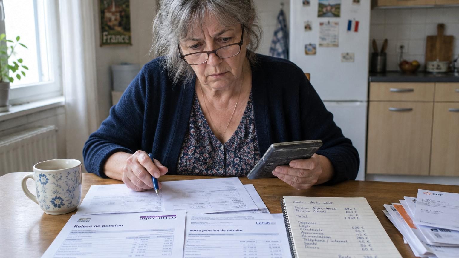 Femme âgée de 63 ans tenant son relevé de pension à la main avec une calculette, comptant chaque euro pour vérifier son budget retraite mensuel.