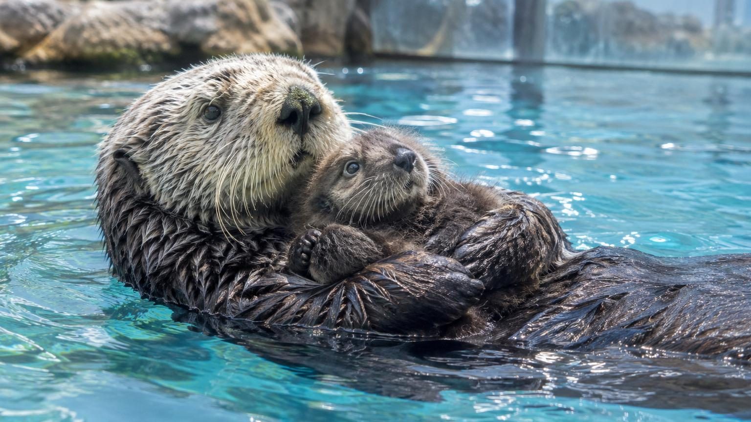 Une loutre adulte tenant contre elle un petit bébé loutre allongé sur le dos, flottant en sécurité sur le torse de sa mère adoptive dans l'eau d'un aquarium.