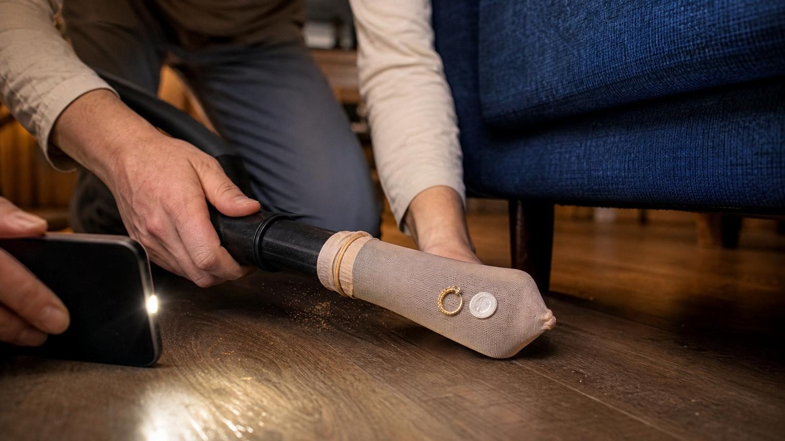 Un tube d'aspirateur enrobé d'un collant fin, avec un petit objet métallique plaqué à la surface du tissu par la force d'aspiration.