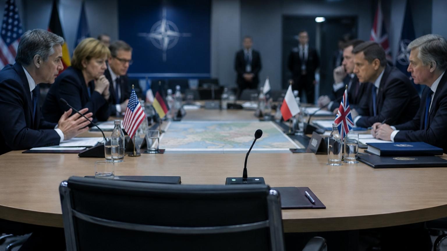 Table de négociations diplomatiques avec chaises vides, symbolisant l'absence de la France aux discussions stratégiques de l'Otan en présence d'autres alliés européens.