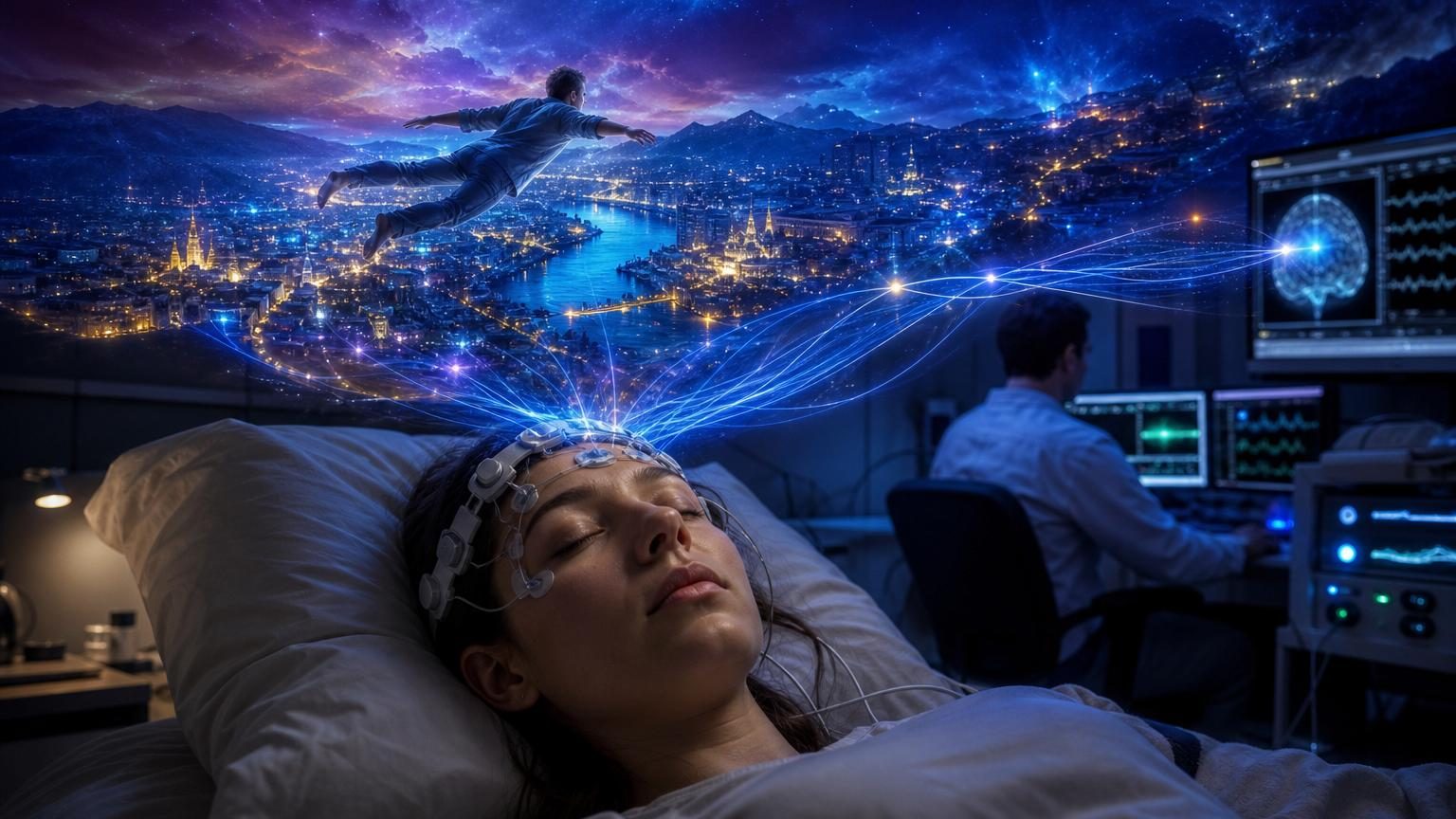 Illustration d'une personne endormie dans un lit, avec des symboles de pensée flottant au-dessus représentant des rêves lucides et la conscience pendant le sommeil.