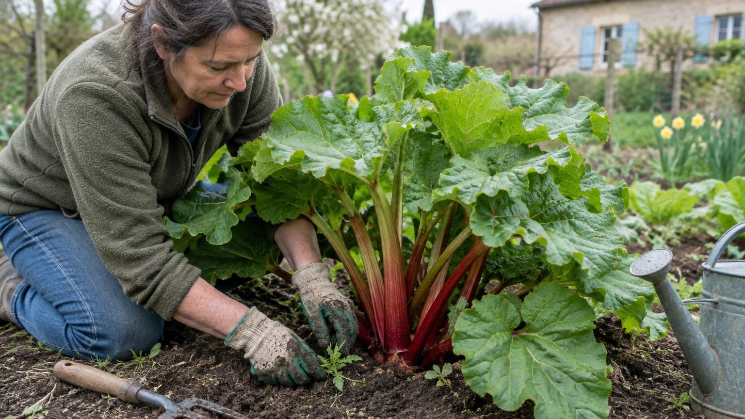 Jeune plant de rhubarbe sortant de terre au printemps avec ses premières tiges et feuilles vertes sur un sol paillé et aéré.
