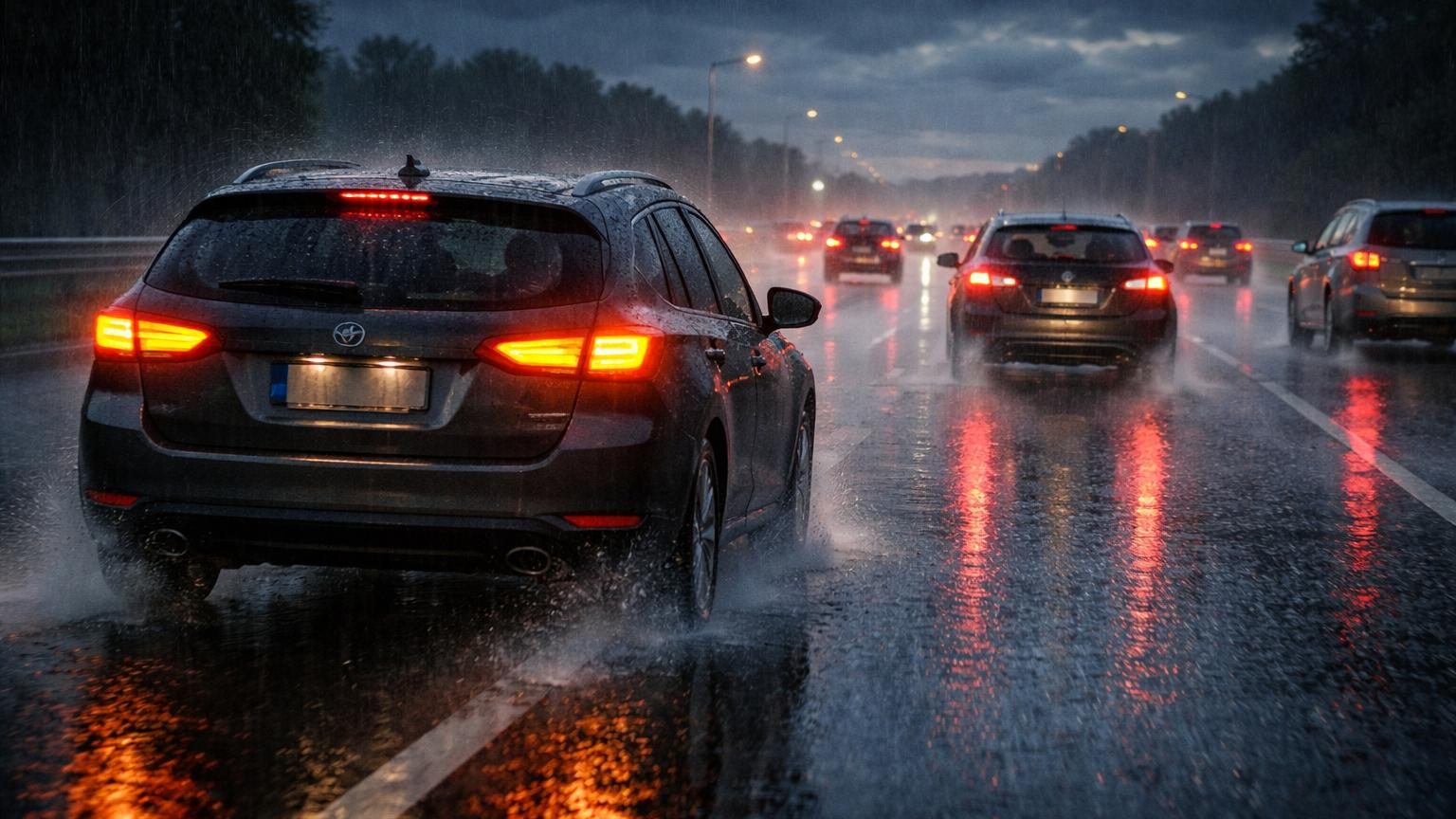 Autoroute sous pluie battante avec plusieurs véhicules dont certains avec feux de détresse et feux de croisement allumés