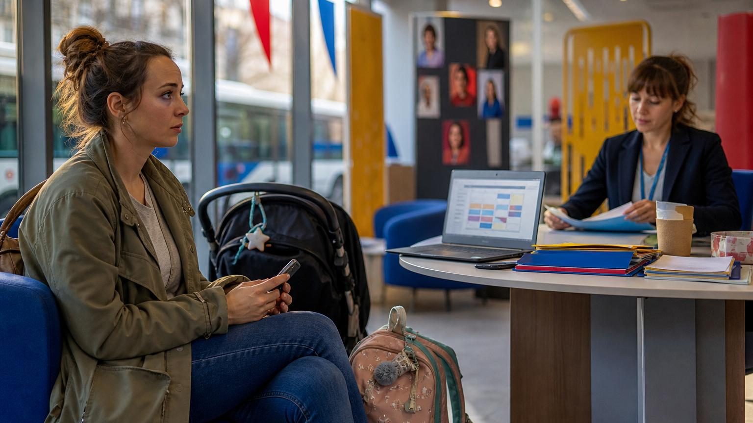 Une personne assise dans une agence France Travail consulte son téléphone, entourée de documents administratifs et de dossiers relatifs à l'accompagnement vers l'emploi.