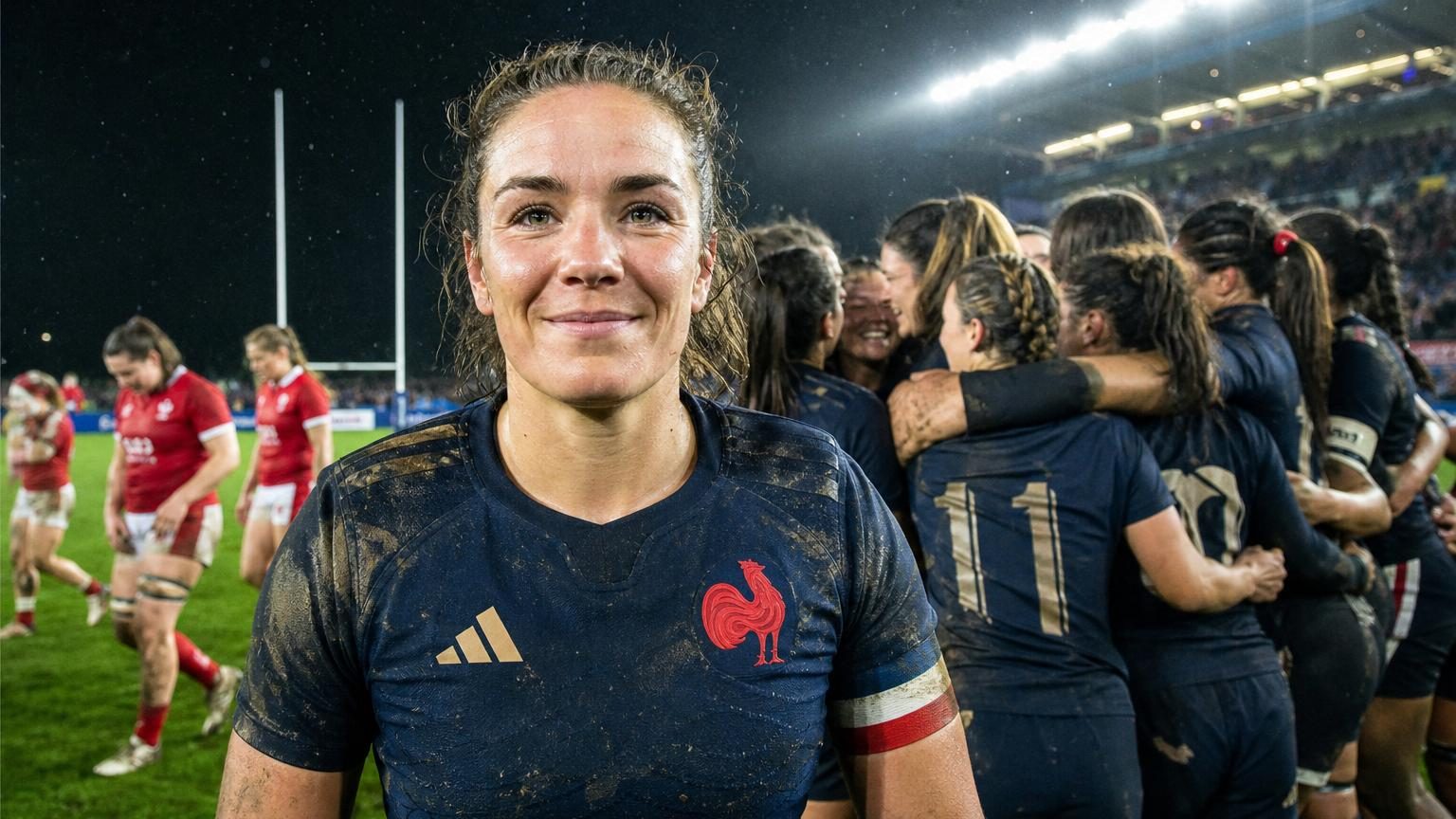 Joueuses de l'équipe de France féminine de rugby célébrant leur victoire face au Canada en WXV, visages marqués par l'effort mais affichant des sourires de satisfaction.
