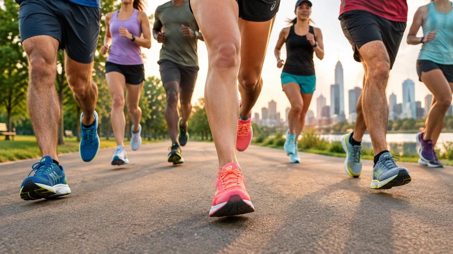 Sélection de sept modèles de chaussures de running pour débutants, présentant des paires colorées alignées sur une surface urbaine ou naturelle.