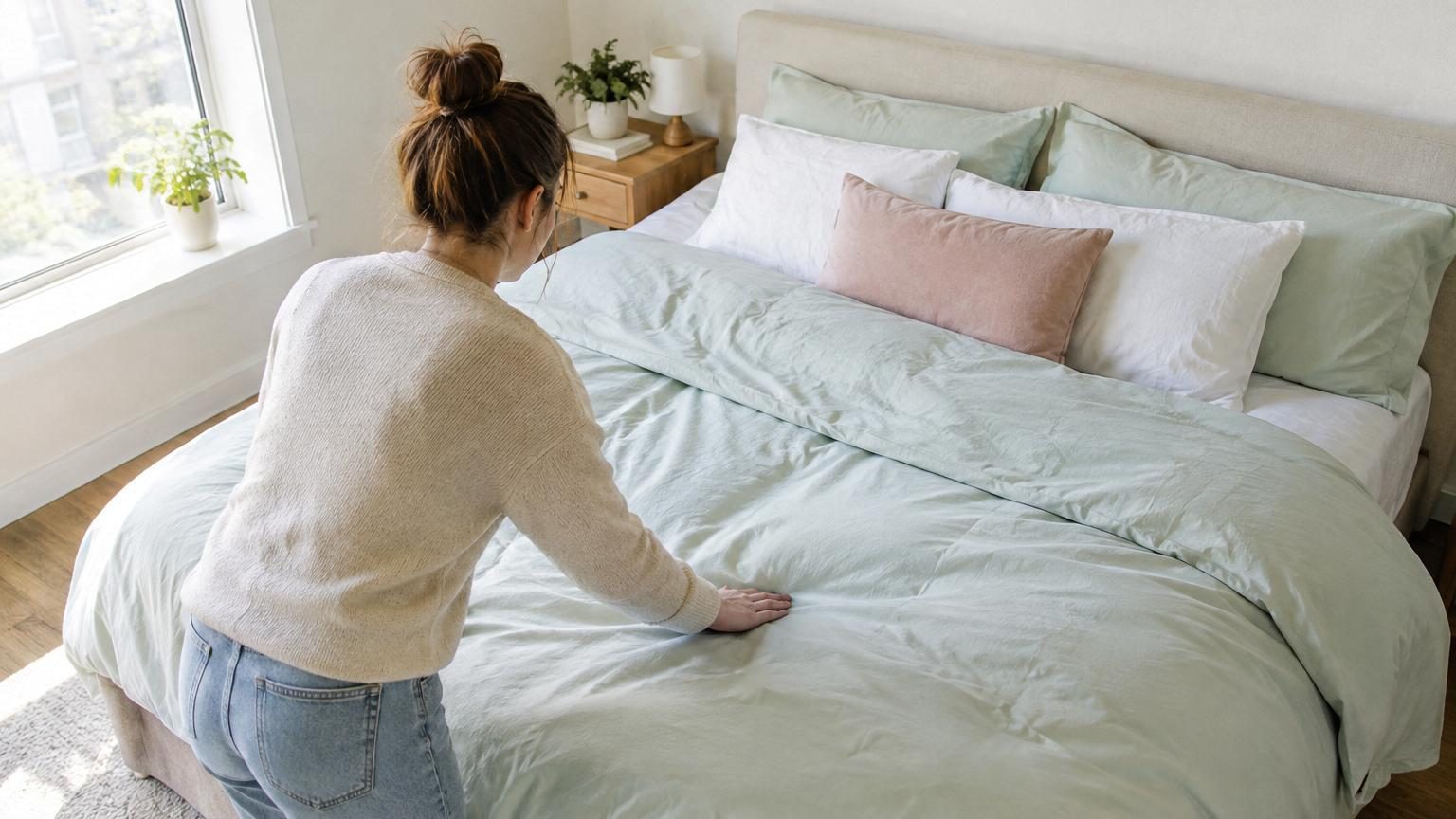 Une petite chambre lumineuse avec un lit blanc aux draps clairs, murs pâles, fenêtre laissant passer la lumière naturelle, créant une atmosphère aérée et spacieuse.