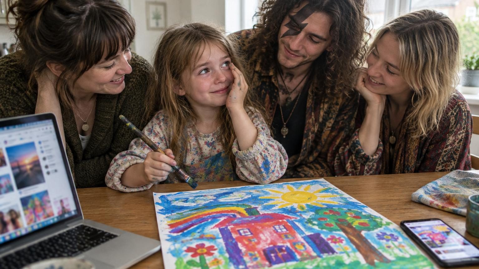 Une fillette de 6 ans montrant fièrement son tableau coloré expressionniste, avec une peinture utilisant la perspective et des teintes vives.
