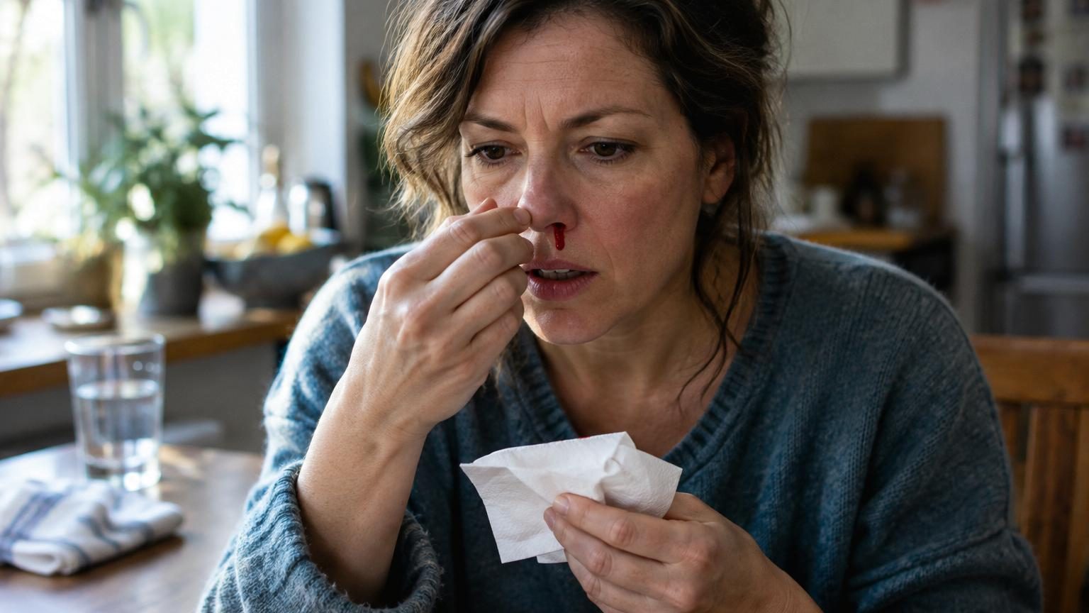 Personne tenant un mouchoir blanc près de son nez pour arrêter une épistaxis, la tête penchée vers l'avant