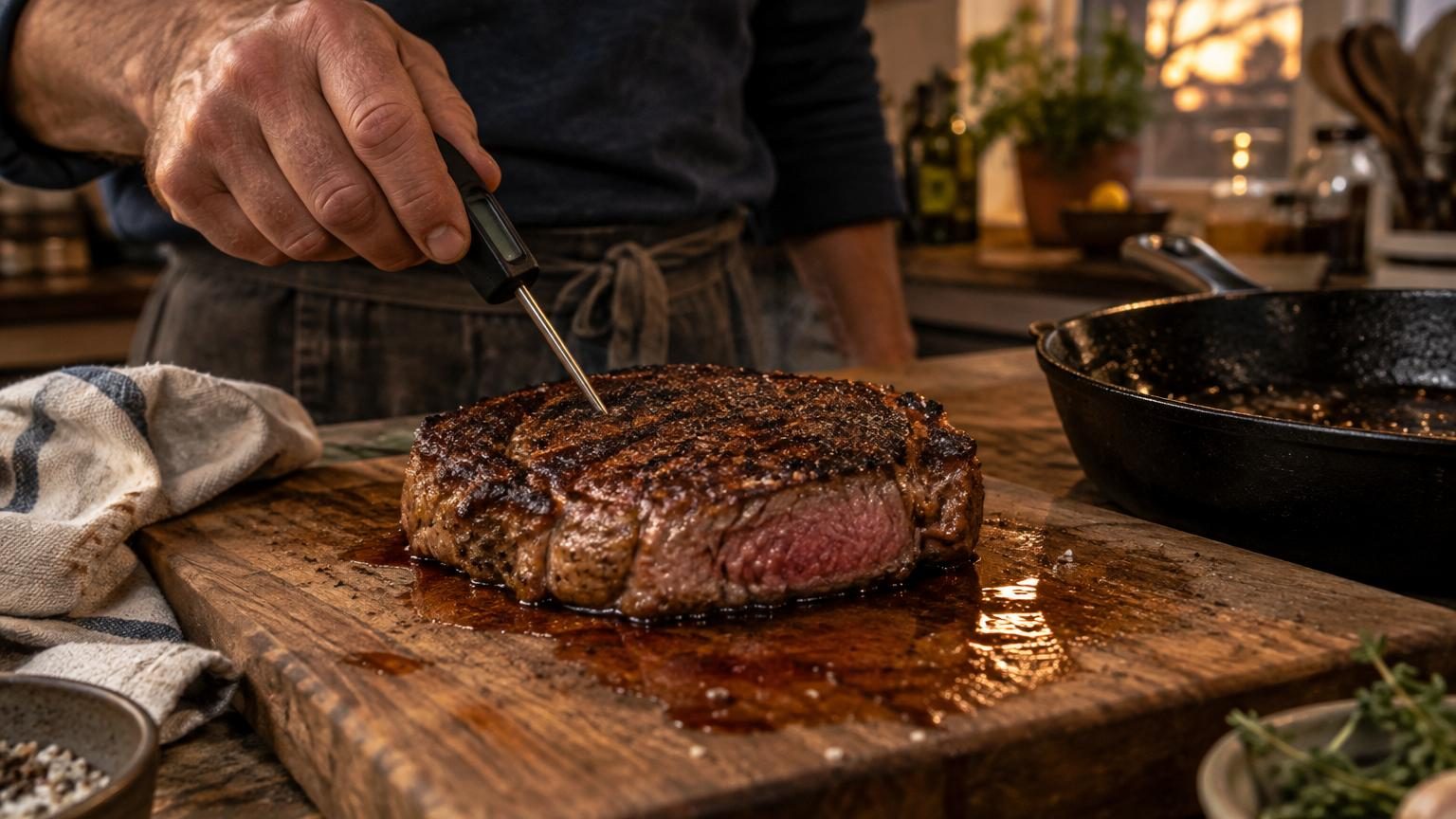Un steak saignant reposant dans une poêle chaude, sa surface dorée et croustillante contrastant avec l'intérieur rosé.