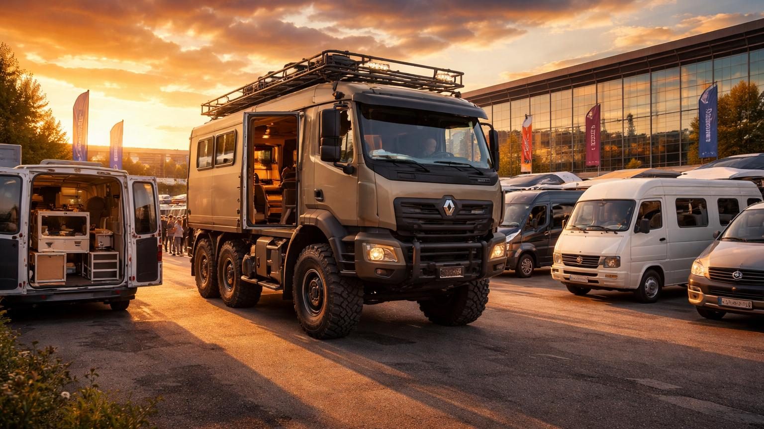 Salon d'exposition avec plusieurs camping-cars et vans aménagés stationnés côte à côte dans un grand hall, dont un imposant Kodiak noir en premier plan
