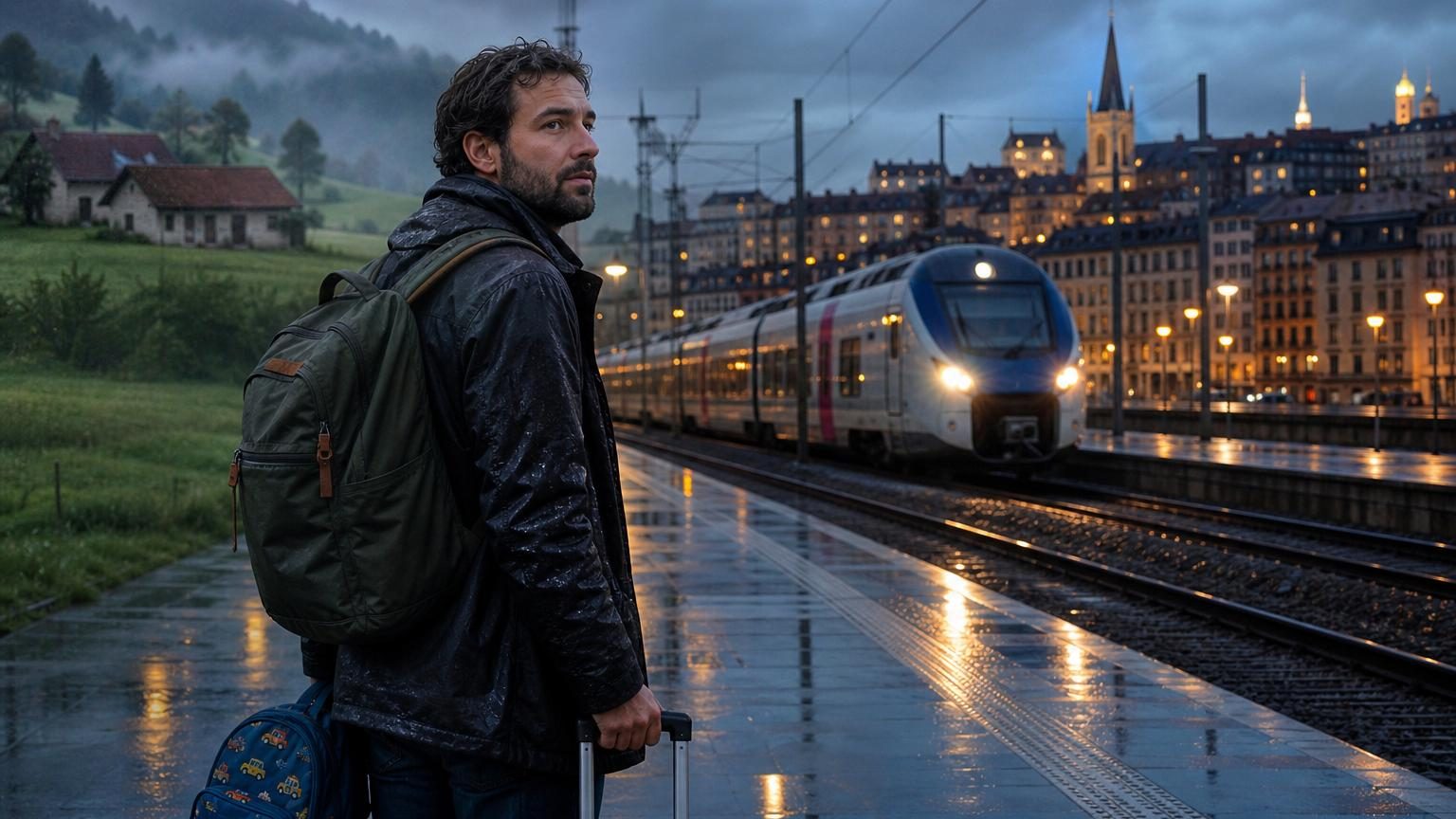 Homme debout à une gare sous la pluie, regardant le paysage urbain de Lyon en arrière-plan, simbolisant son retour à la ville après trois ans de vie rurale.