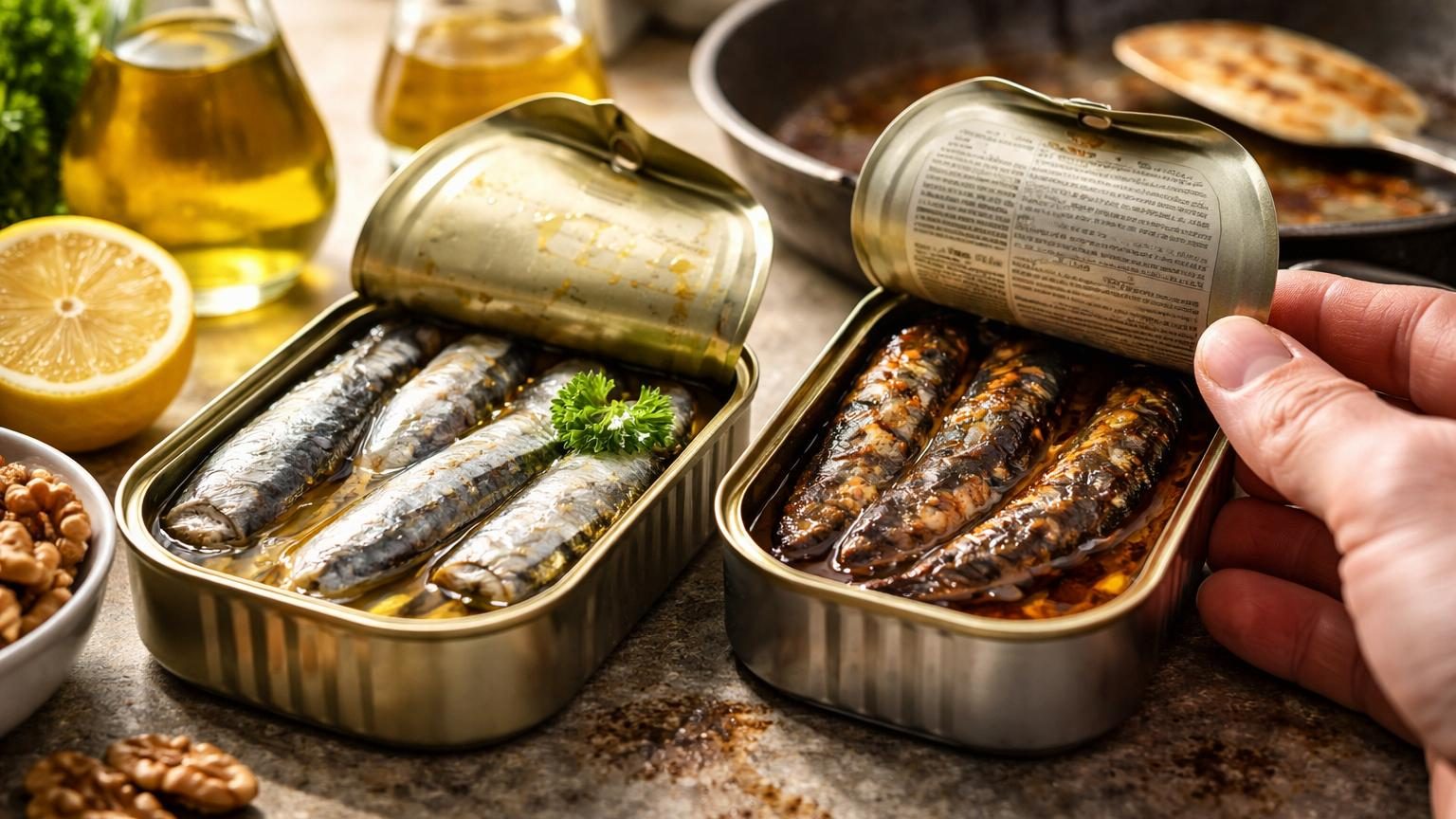 Boîtes de sardines en conserve alignées, certaines ouvertes avec sardines visibles à l'intérieur, sur fond blanc pour illustrer le choix du consommateur à l'étiquette.