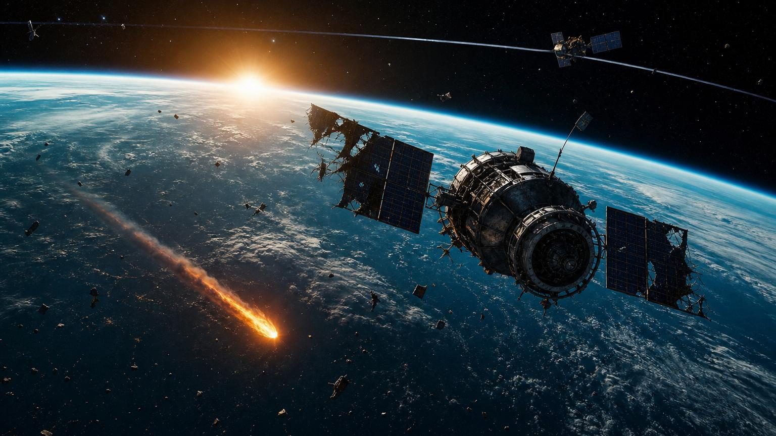 Traînée lumineuse d'un satellite en fin de vie brûlant dans l'atmosphère nocturne, traversant un ciel étoilé avec une lueur blanche-orangée.