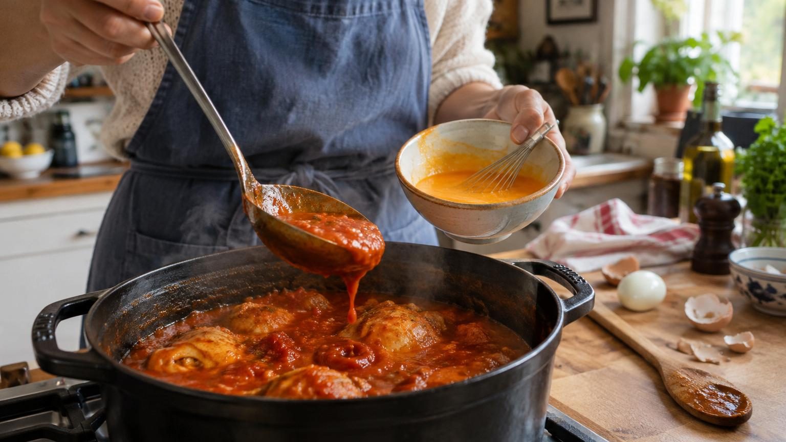 Sauce tomate trop liquide avec votre poulet en cocotte : cette méthode à base d&rsquo;œuf dur la rend veloutée sans crème en moins de 30 minutes