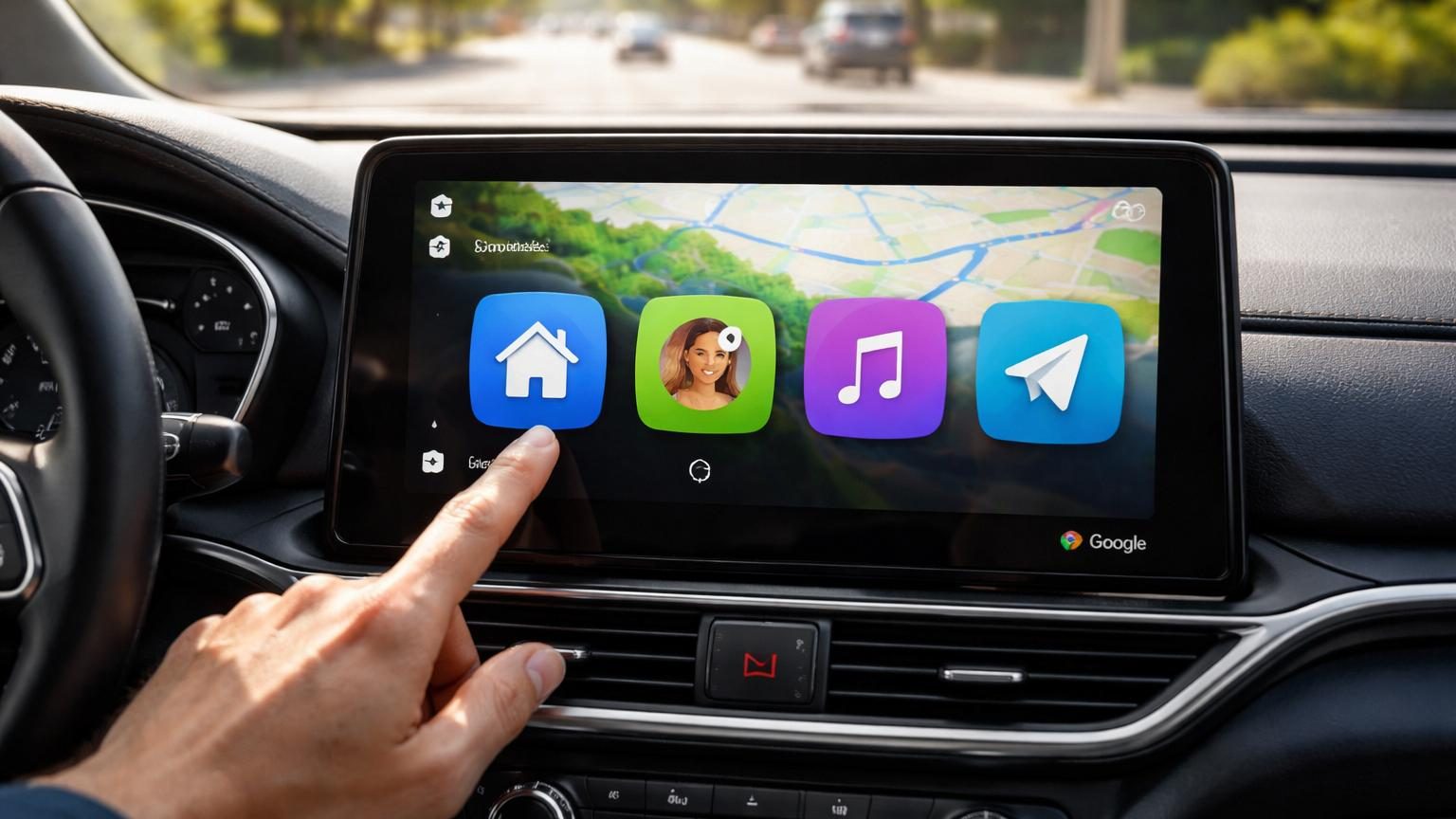 Écran central d'une voiture affichant l'interface Android Auto avec des icônes de raccourcis personnalisés disposés sur l'écran d'accueil du système embarqué.