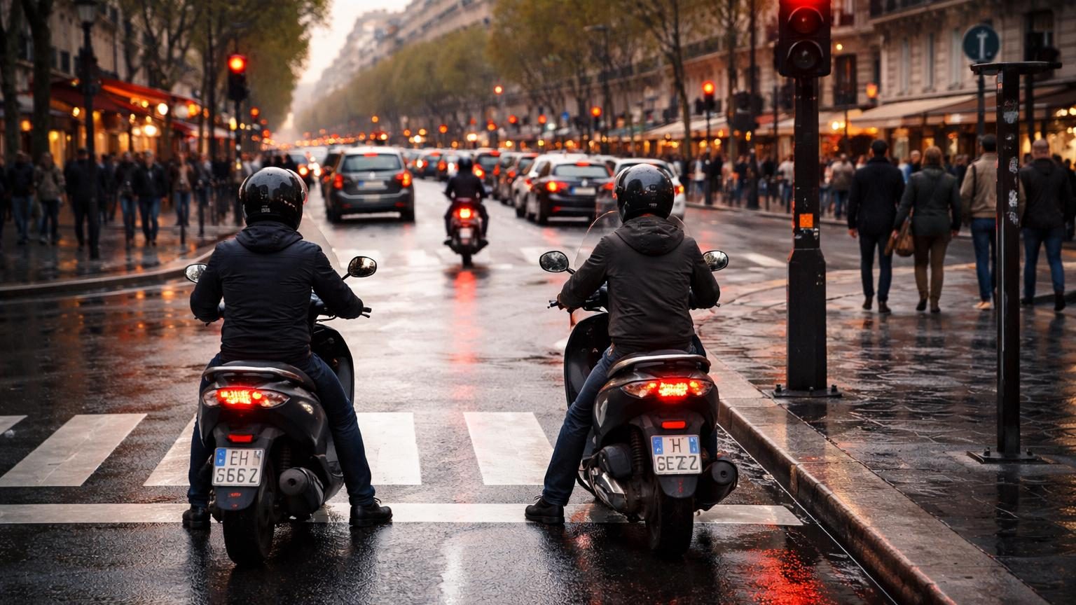 Conducteur de scooter au feu tricolore, positionné correctement en arrière de la ligne blanche, illustrant la bonne pratique pour éviter de perdre des points.