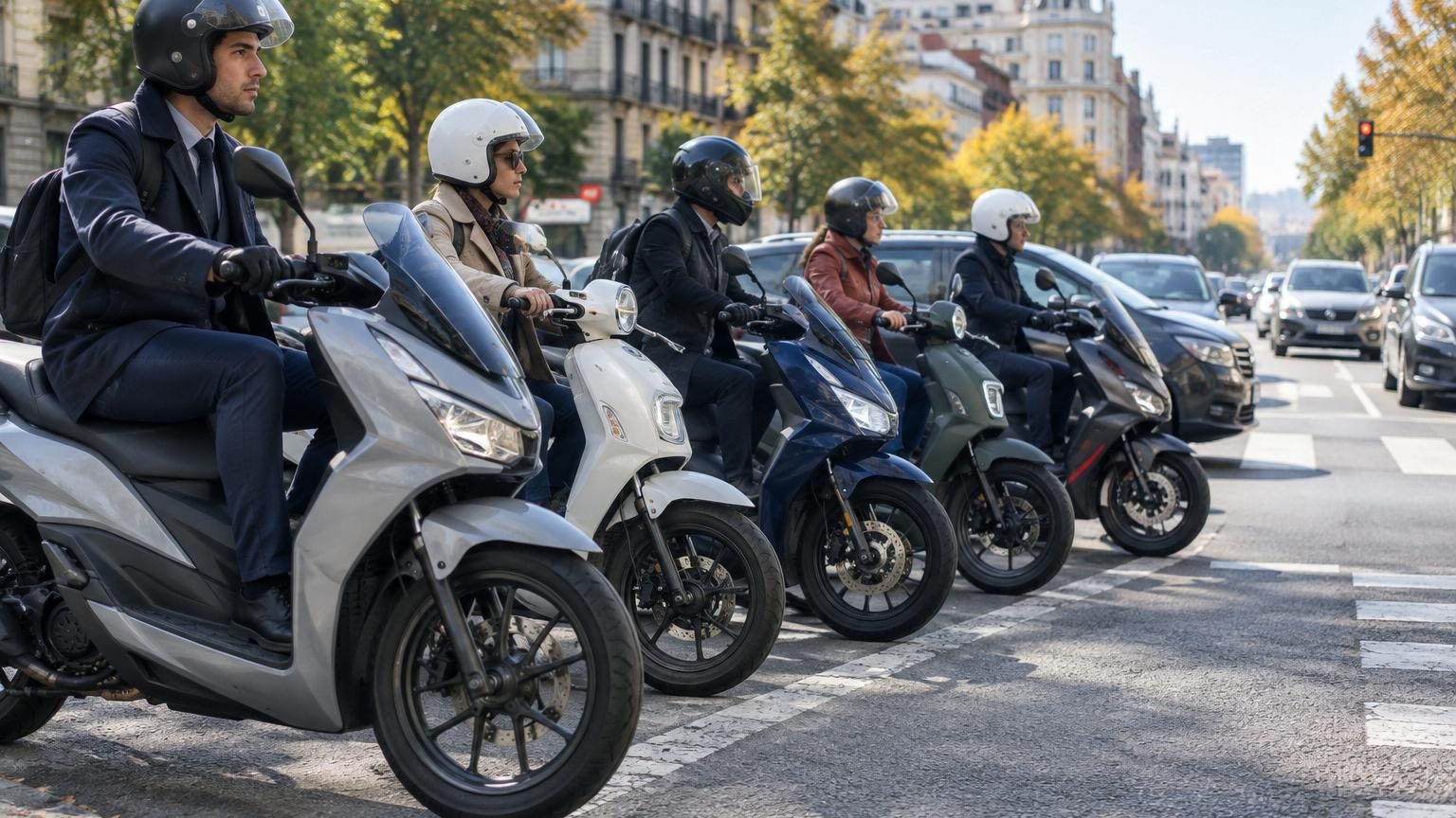 Cinq scooters 125 cc modernes aux grandes roues alignés ou présentés individuellement, symboles de mobilité urbaine économique et sécurisée.