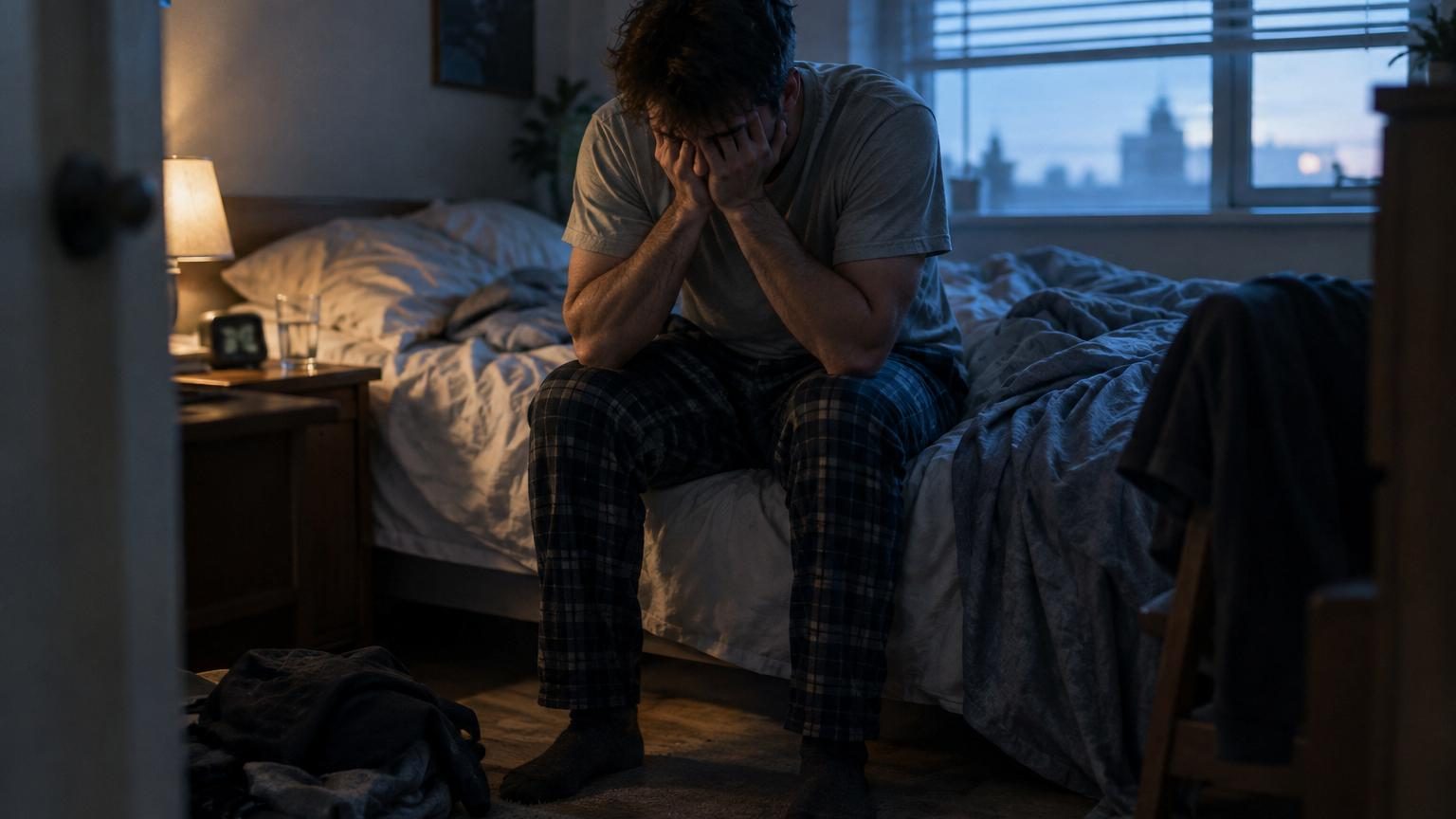 Personne fatiguée et désorientée se réveillant sur un lit, illustrant les effets du décalage horaire social sur le bien-être matinal.