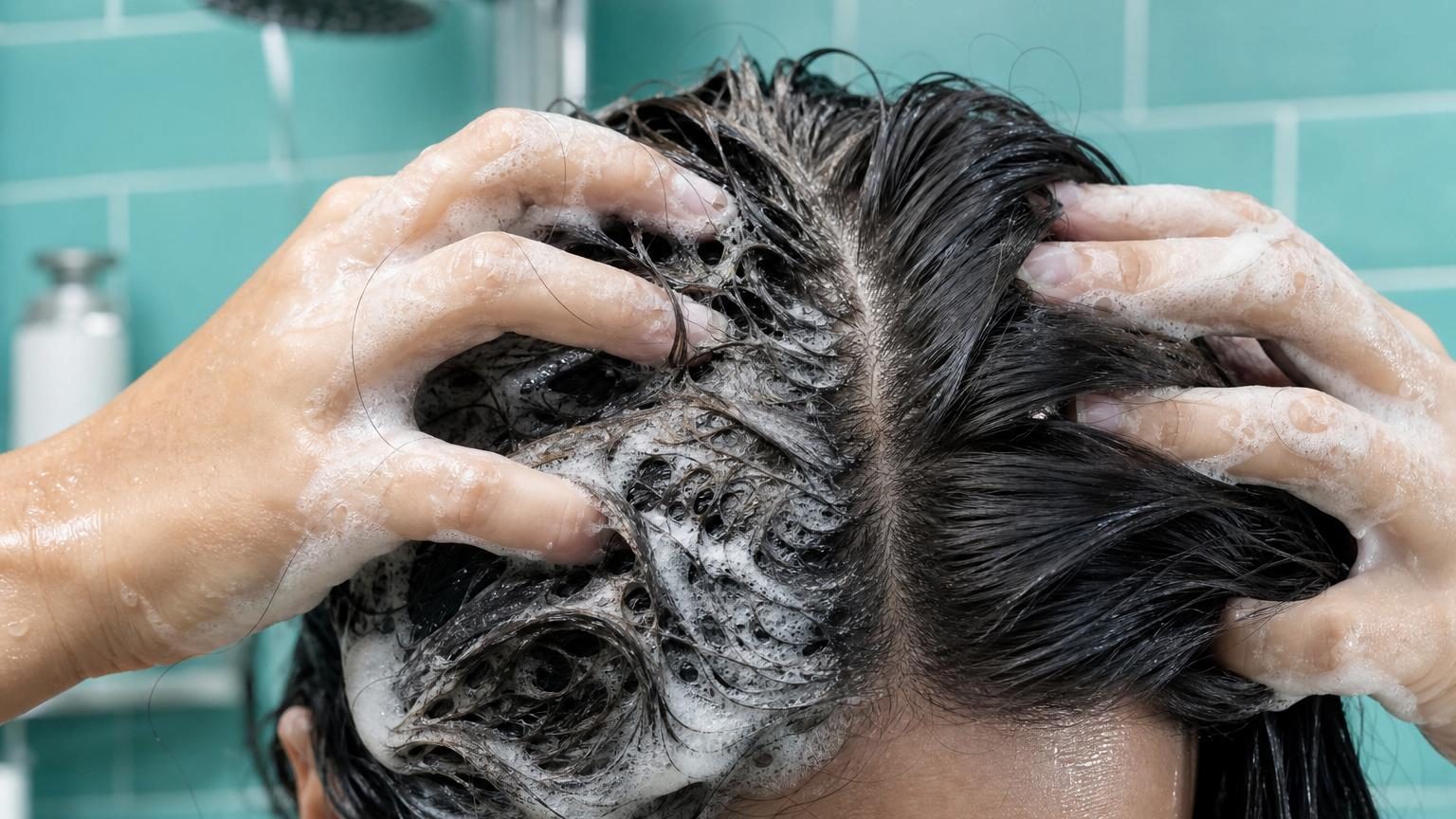 Personne se rinçant les cheveux sous l'eau tiède avec sa main, illustrant la technique correcte de lavage capillaire.