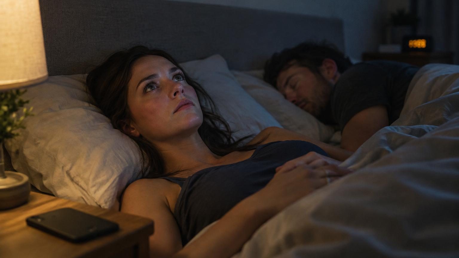 Gros plan d'une personne allongée dans un lit, les yeux ouverts la nuit, regardant le plafond avec une expression d'insomnie et de préoccupation.