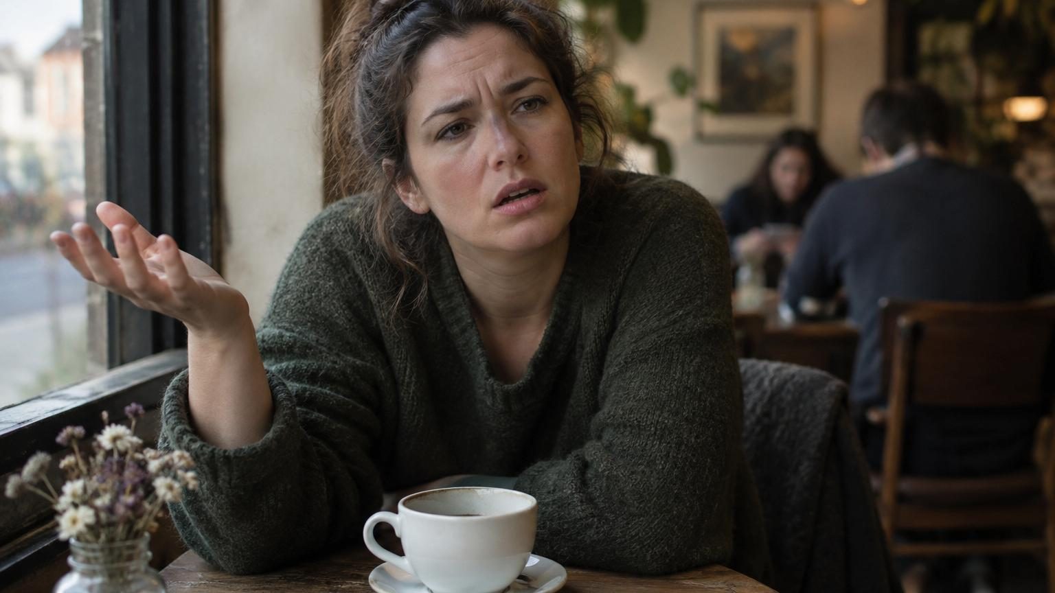 Femme assise seule dans un café, tenant une tasse refroidie, l'air pensif et préoccupé par ses pensées négatives répétitives.