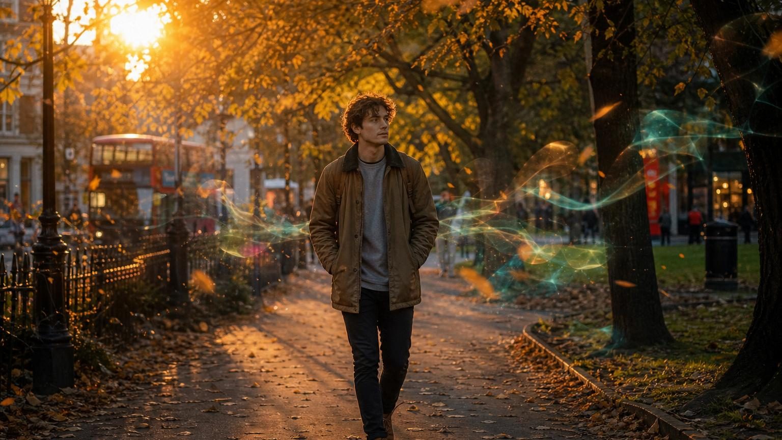 Une personne marchant seule sur un trottoir calme, les mains libres, sans écouteurs, l'expression sereine, entourée de détails urbains subtils comme des façades de bâtiments et de la végétation.