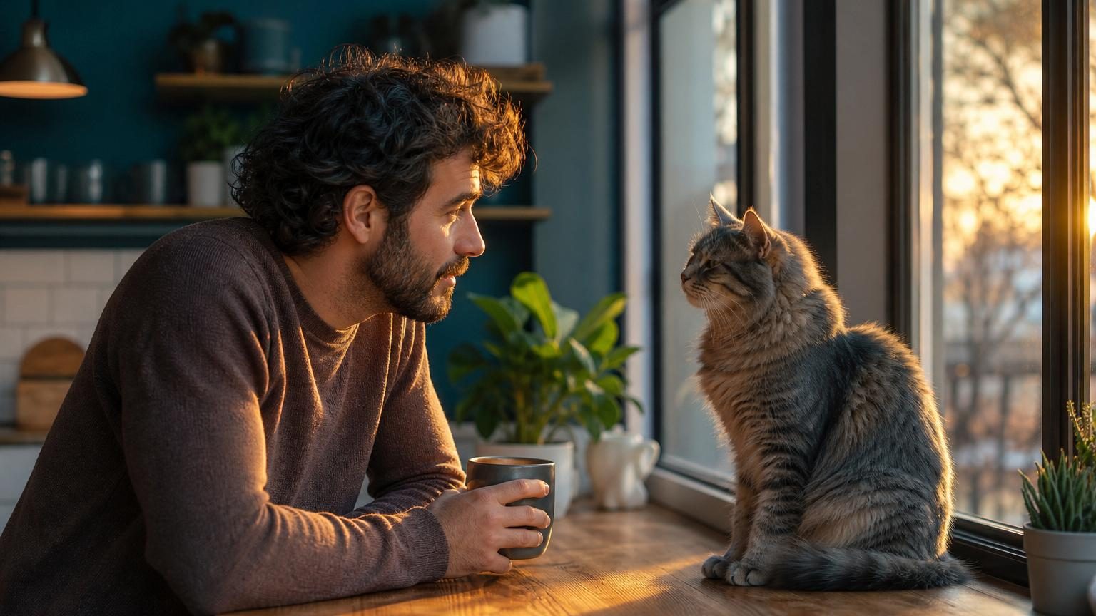 Un chat gris assis près d'une fenêtre, fixant son humain avec attention, tandis que ce dernier se prépare son café le matin.