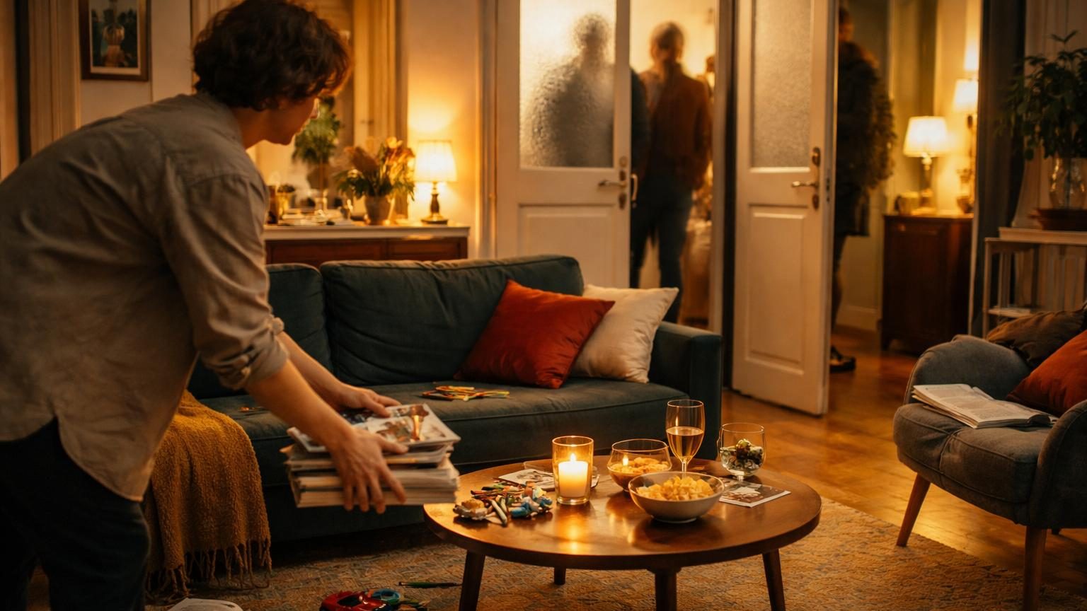 Intérieur d'une maison bien rangée et organisée avec canapé propre, cuisine ordonnée et salon lumineux prêt pour recevoir des invités