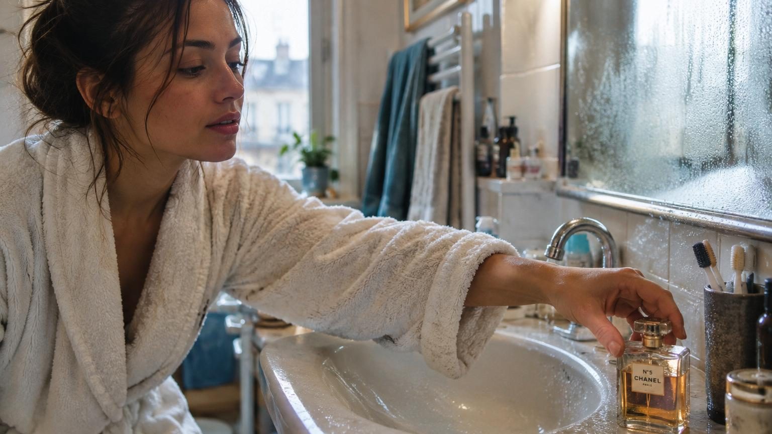 Flacon de parfum posé sur le rebord d'une baignoire dans une salle de bains humide avec vapeur et lumière directe du miroir