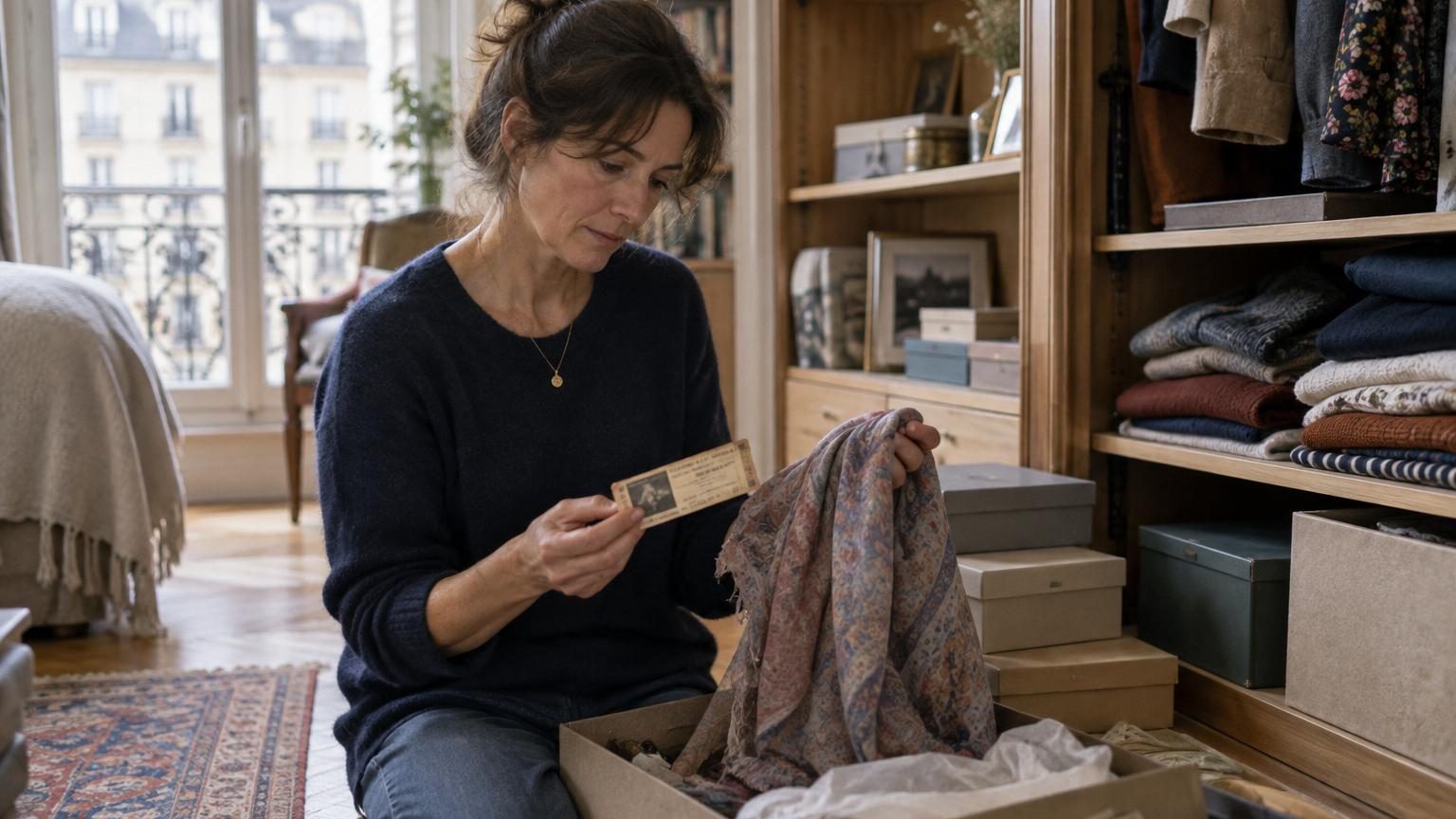 Personne parcourant des vêtements et objets accumulés dans un placard ou une étagère encombrée, symbolisant l'attachement émotionnel aux possessions conservées par prudence.