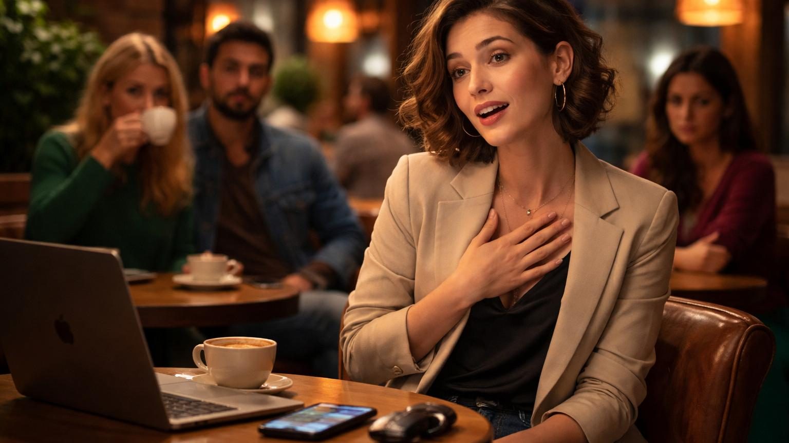 Portrait de profil d'une femme parlant avec gêne, les lèvres pincées, illustrant la fausse modestie et le malaise social