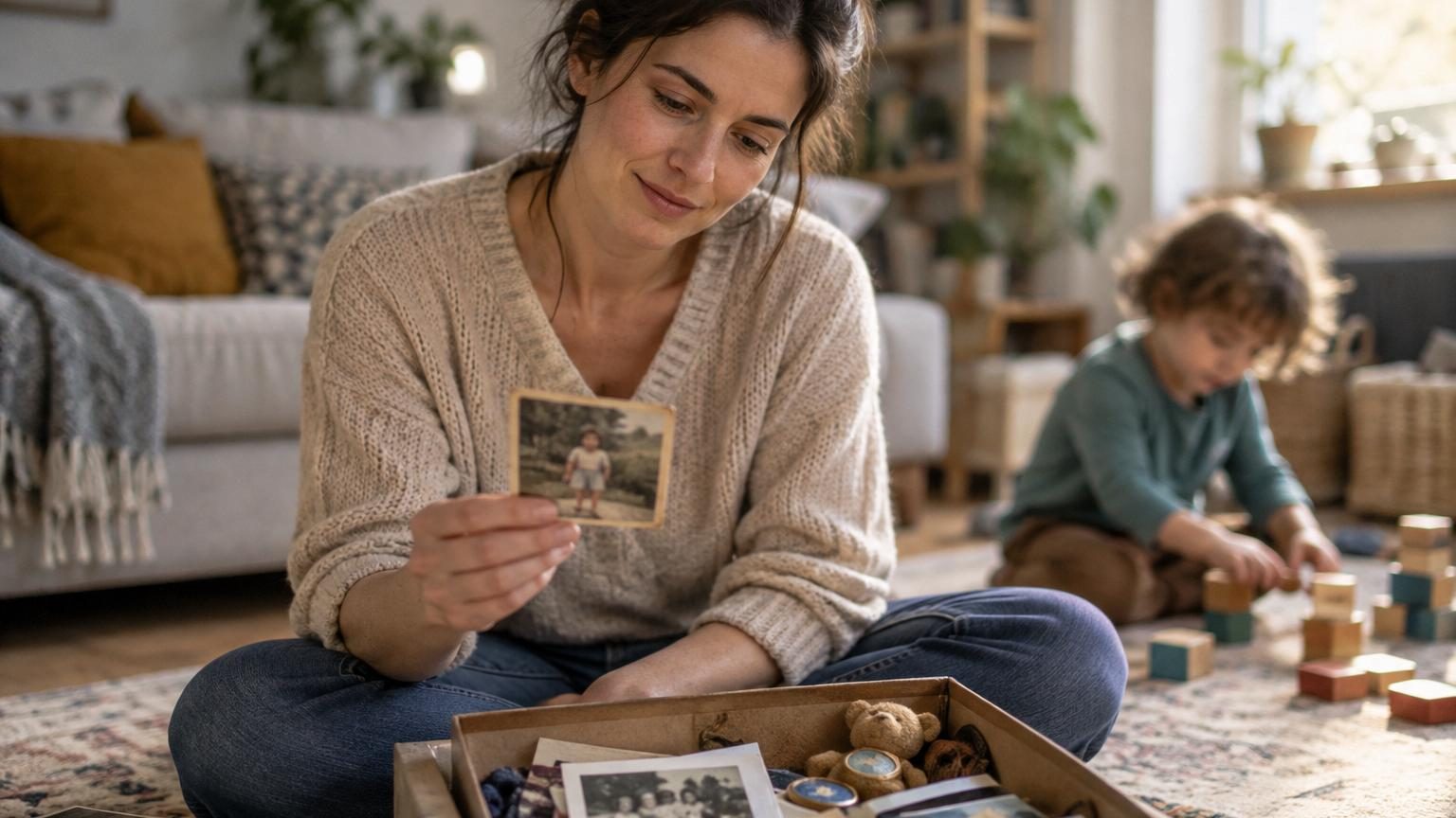 Parent et enfant partageant un moment complice : jeu, conversation ou activité créative dans un cadre chaleureux et rassurant.