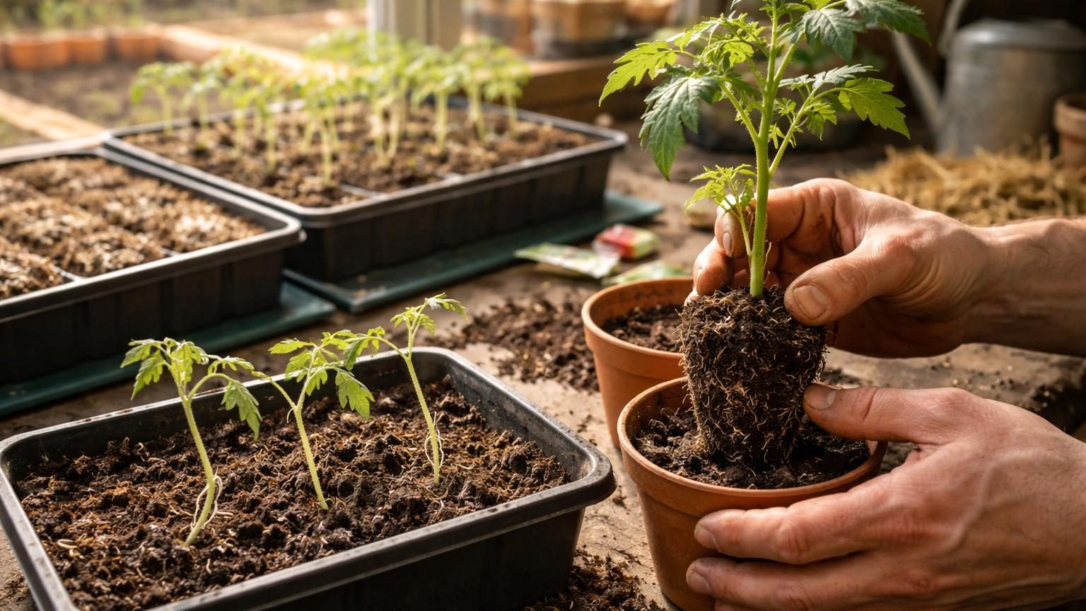 Jeunes plants de tomates avec tiges fines et feuilles légèrement jaunies dans des alvéoles de semis posées sur un rebord de fenêtre, illustrant les problèmes courants avant correction.