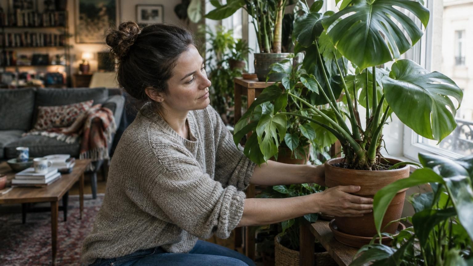 Une main plongeant un index dans le terreau d'une plante verte en pot, test du doigt pour vérifier l'humidité du sol avant d'arroser