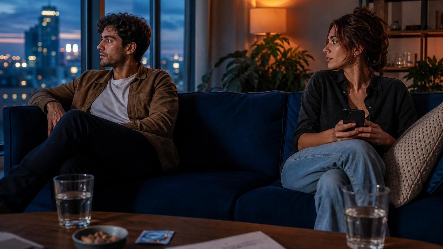 Deux personnes adultes en discussion intime dans un cadre domestique, illustrant une relation interpersonnelle sans engagement formel.