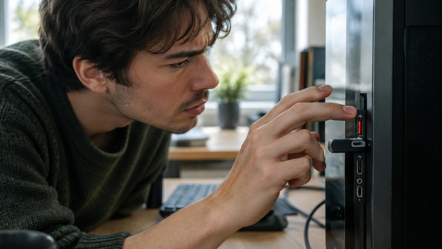 Gros plan sur plusieurs ports USB à l'arrière d'un ordinateur, avec un port à insert rouge se distinguant parmi les ports noirs et bleus.