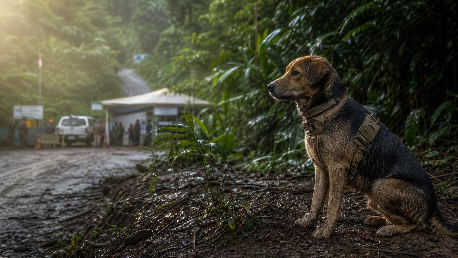 Chien attaché ou en mouvement sur un chemin de forêt tropicale humide, environnement difficile du détroit de Darién