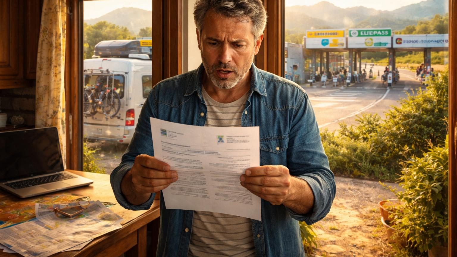 Camping-car garé au péage d'une autoroute italienne, avec une enveloppe de courrier administratif affichant un montant en euros au premier plan.